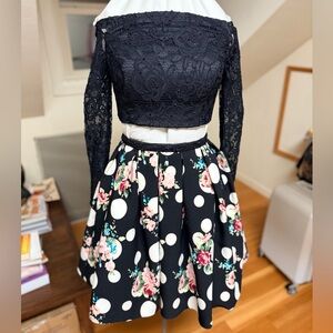 Black & White Floral Skater Skirt Set